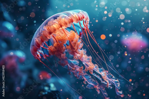 Witness the breathtaking beauty of a vibrant 3D-textured jellyfish gracefully swimming in an enchanting underwater world.
