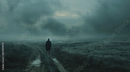 Lonely lost man stands on the road in the middle of nowhere, rear view. Stalker, depression and solitude concept photo