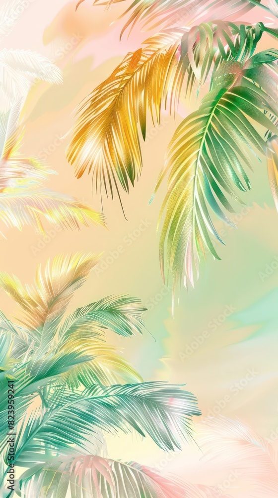 summer time palm trees, sunshine vibrant pastel colors, illustration