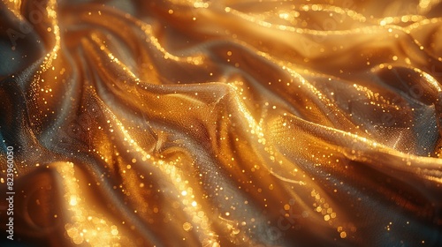   A close-up of a gold cloth with small water droplets appearing to float or hover in midair photo
