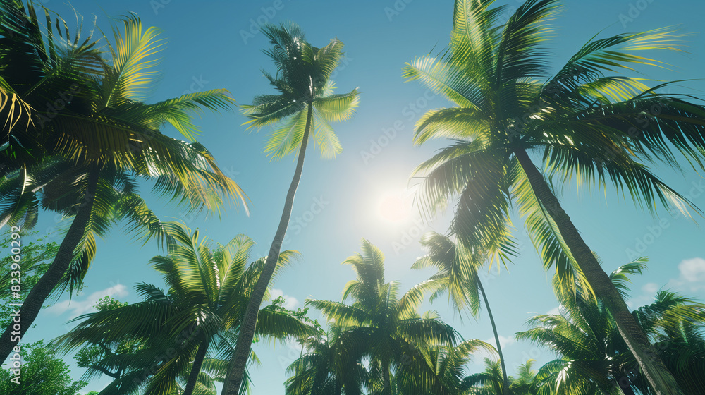 A beautiful tropical scene with palm trees and a bright blue sky A beautiful tropical scene with palm trees and a bright blue sky