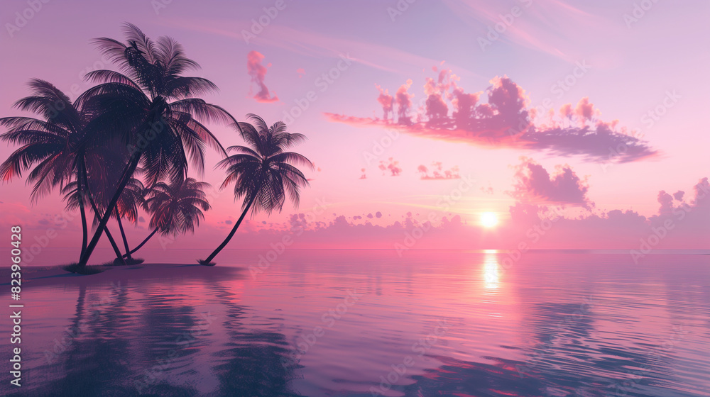 A beautiful sunset over the ocean with a palm tree in the foreground