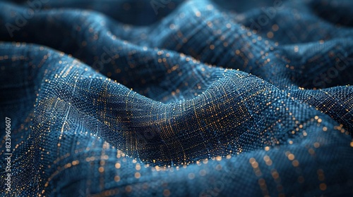   Close-up image of blue fabric with gold spots on black background photo