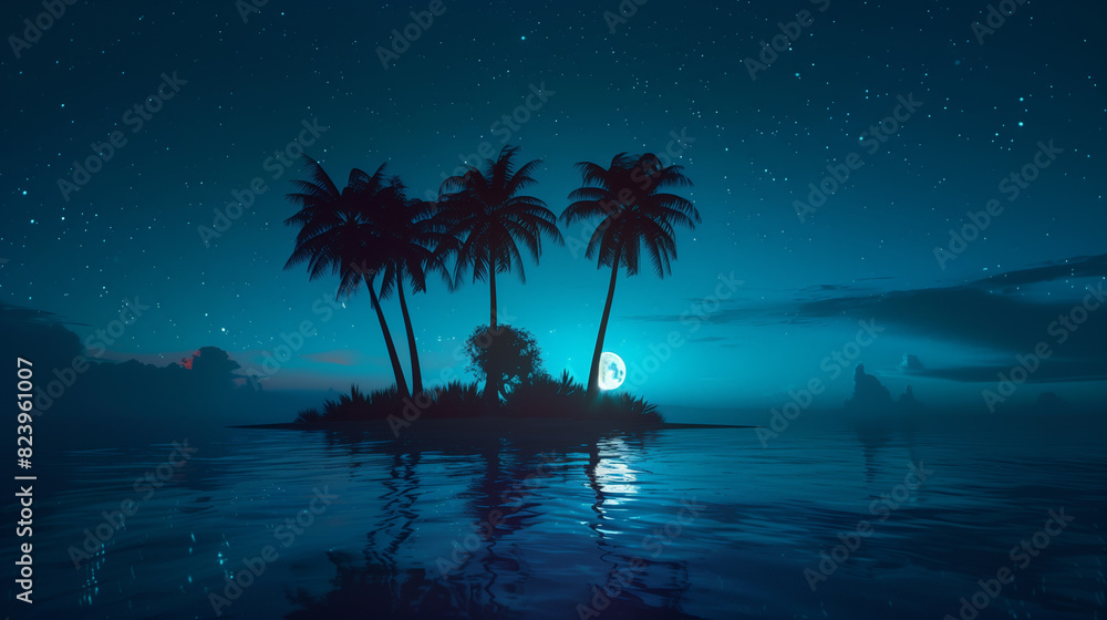 A tropical island with palm trees and a full moon in the sky