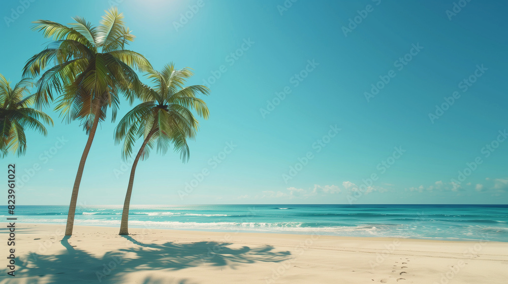 A beach with palm trees and a clear blue sky