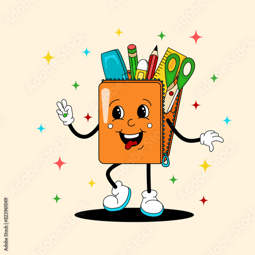 Comic flat Pencil Case with face on textured background. Vector cartoon stationery illustration in retro style. Vintage image of cute box character with set of school supplies for poster or banner