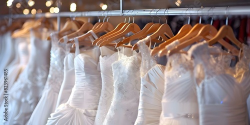 Elegant white wedding dresses displayed on hangers in a high-end bridal boutique. Concept Bridal Boutique, Wedding Dresses, White Gowns, Elegant Display, High-End Fashion photo