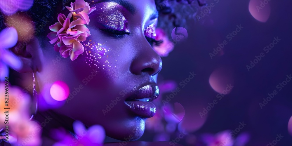 Captivating portrait of a Black woman adorned with floral makeup and ethereal fashion. Concept Fashion Photography, Creative Makeup, Ethereal Style, Black Women Empowerment, Floral Inspiration Captivating portrait of a Black woman adorned with floral makeup and ethereal fashion. Concept Fashion Photography, Creative Makeup, Ethereal Style, Black Women Empowerment, Floral Inspiration