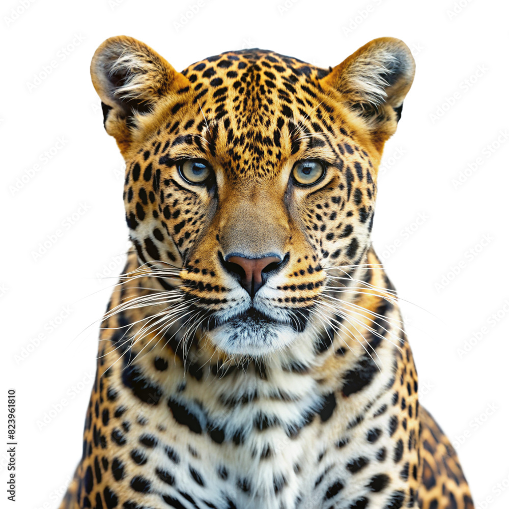The image features a leopard with a transparent background. The leopard has yellow eyes and a black nose. It has a spotted coat with black, brown, and white spots. The image features a leopard with a transparent background. The leopard has yellow eyes and a black nose. It has a spotted coat with black, brown, and white spots.