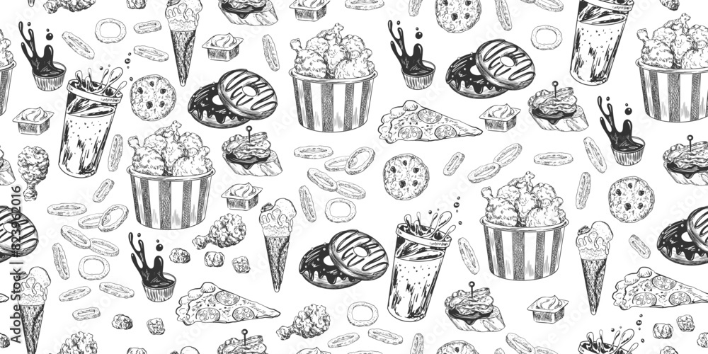 Seamless pattern with fast food. Sketch style chicken nuggets, dipping sauce, burger, donut, fried onion rings, soda, ice cream, pizza, tapas. Hand drawn street food isolated on white background Seamless pattern with fast food. Sketch style chicken nuggets, dipping sauce, burger, donut, fried onion rings, soda, ice cream, pizza, tapas. Hand drawn street food isolated on white background