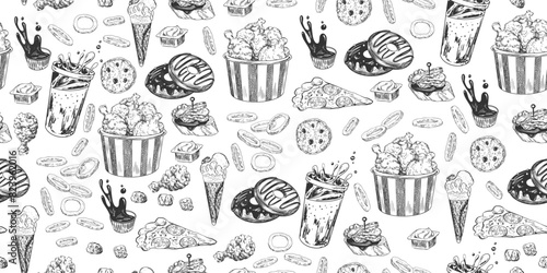 Seamless pattern with fast food. Sketch style chicken nuggets, dipping sauce, burger, donut, fried onion rings, soda, ice cream, pizza, tapas. Hand drawn street food isolated on white background