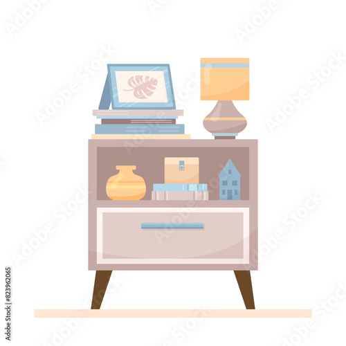 Flat nightstand concept with lamp and decorative picture. Interior items of cozy modern midcentury design with books and vase on bedside table. Vector cartoon illustration with home decor elements