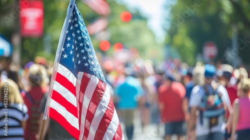 american flag leading fourth of july parade community celebration of national pride blurred © furyon