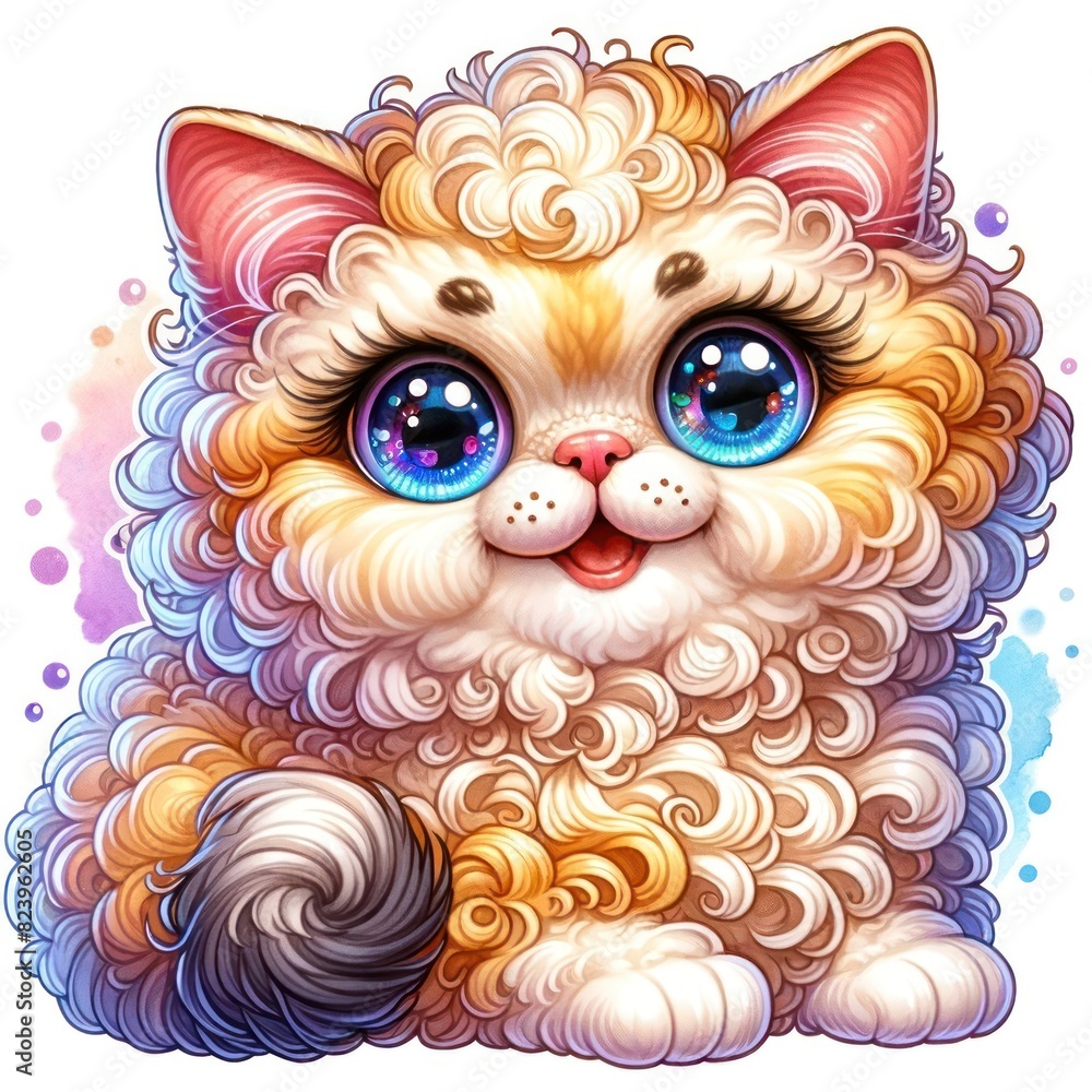 A vibrant and colorful watercolor cartoon of a Selkirk Rex cat. The cat has big, expressive, and sparkling eyes that clearly show a cheerful