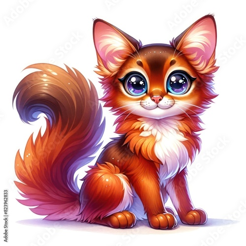  A vibrant and colorful watercolor cartoon of a Somali cat. The cat has big  expressive  and sparkling eyes that clearly show a cheerful and friendly