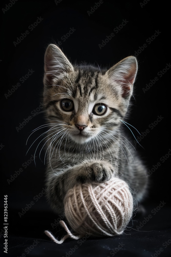 A kitten is playing with a ball of yarn
