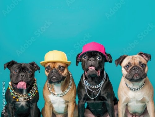 Dogs wearing backward caps and flashy jewelry, arranged in a playful composition on a solid turquoise background, with ample space around them. photo