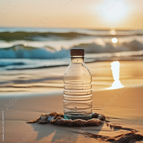 Plastic-waste water bottle washed up on the beach.