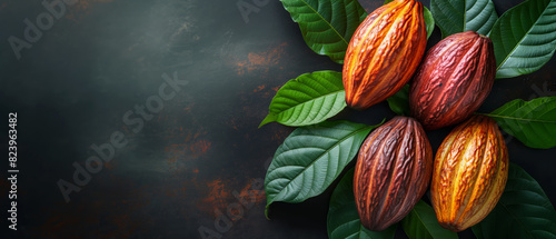 Cocoa fruits and green leaves on a dark background. photo