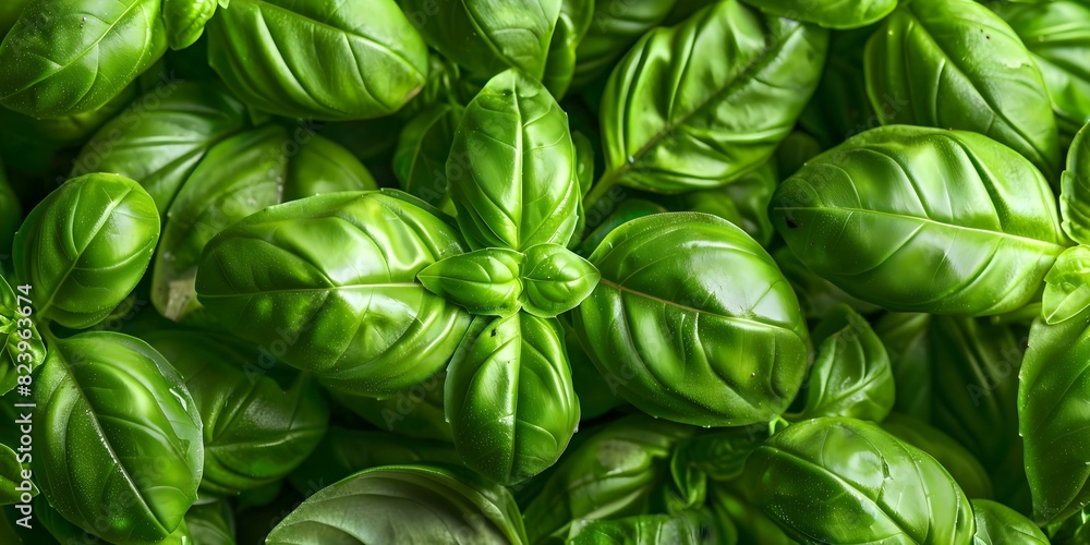 Aerial Perspective of Genovese Basil Plants, Also Known as Sweet Basil. Concept Aerial View, Genovese Basil Plants, Sweet Basil, Herb Gardening, Culinary Herbs Aerial Perspective of Genovese Basil Plants, Also Known as Sweet Basil. Concept Aerial View, Genovese Basil Plants, Sweet Basil, Herb Gardening, Culinary Herbs