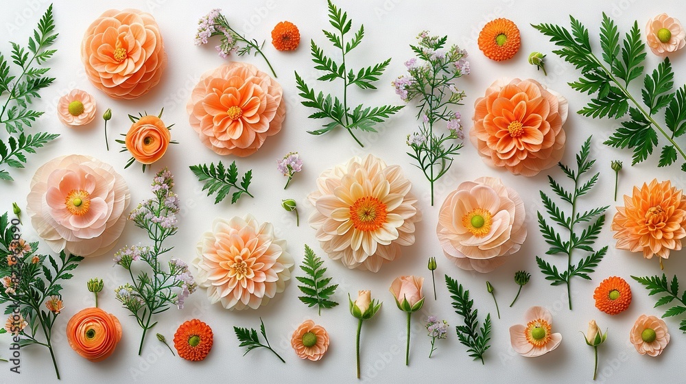 A white surface showcases a collection of vibrant flowers, accentuated by lush green foliage, in the center of the frame A white surface showcases a collection of vibrant flowers, accentuated by lush green foliage, in the center of the frame