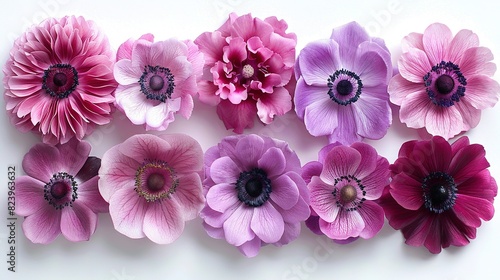   Pink and purple flowers arranged on a white background  black center with smaller versions of the same surrounding them