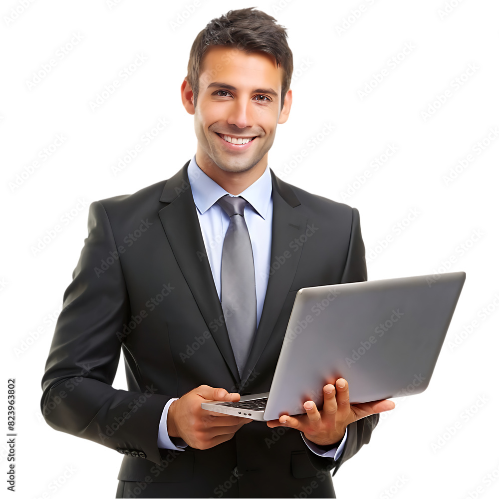 Businessman wearing a black suit and holding a laptop isolated on transparent background png file Businessman wearing a black suit and holding a laptop isolated on transparent background png file