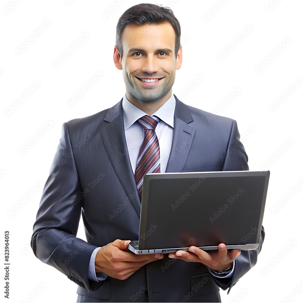 Businessman wearing a black suit and holding a laptop isolated on transparent background png file Businessman wearing a black suit and holding a laptop isolated on transparent background png file