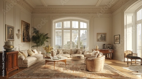 living room soft warm ambient light  city apartment  classic and elegant  traditional architectural elements