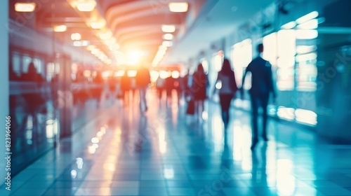 blurred business people walking in office corridor trade fair corporate event defocused background abstract photo photo