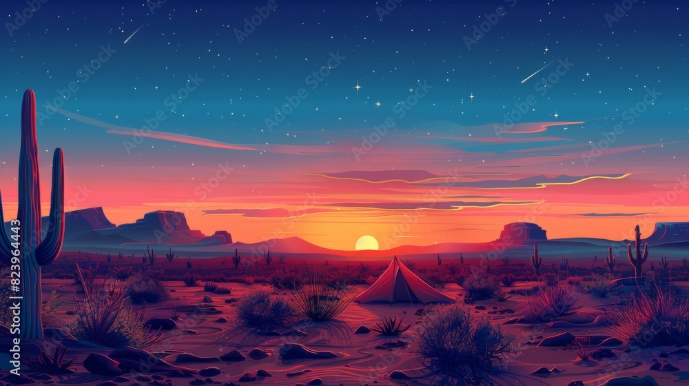 desert night camping under starry sky. Vibrant sunset and cacti in stylized landscape. Banner with copy space desert night camping under starry sky. Vibrant sunset and cacti in stylized landscape. Banner with copy space