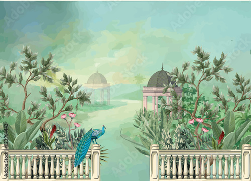 Mughal garden arch, plant, Peacock illustration for wallpaper. Tropical jungle wallpaper illustrations. leaves wallpaper.crowned crane.
