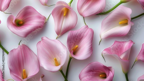   A close-up image of pink flowers against a white background with visible yellow stamens among the flower petals