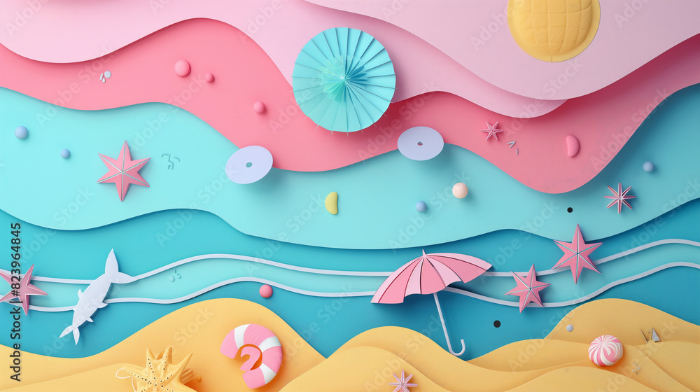A colorful paper drawing of a beach scene with a pink umbrella and a blue sky A colorful paper drawing of a beach scene with a pink umbrella and a blue sky