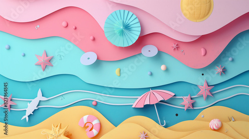 A colorful paper drawing of a beach scene with a pink umbrella and a blue sky