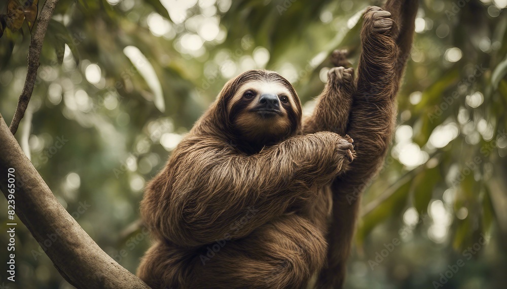 Fototapeta premium A brown fatty sloth hanging from a tree branch eating leaves.