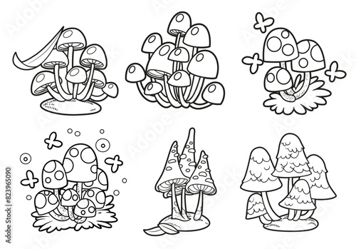 Poisonous mushrooms outlined variation for coloring page isolated on white background