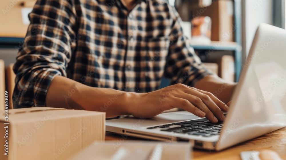 closeup of man working on laptop with carton boxes ecommerce and small business concept closeup of man working on laptop with carton boxes ecommerce and small business concept