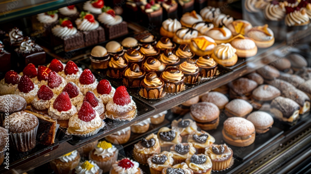 A variety of gourmet cupcakes fill a display case, enticing customers with an assortment of flavors and decorations