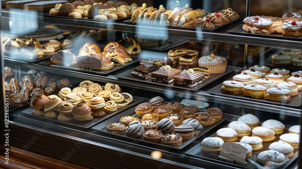 A display case showcasing a diverse selection of gourmet pastries for customers to choose from