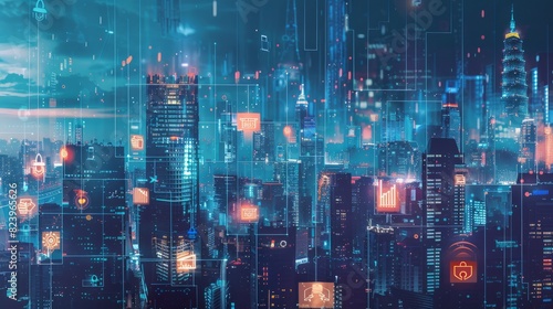 The futuristic cityscape is illuminated by numerous lights  with digital security icons overlaying the skyline  signifying the integration of cybersecurity measures