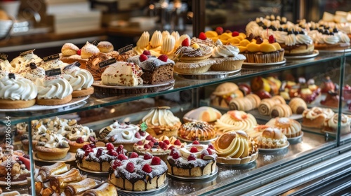 Display case showcasing an assortment of gourmet cakes, ready to be enjoyed by customers in a bakery setting