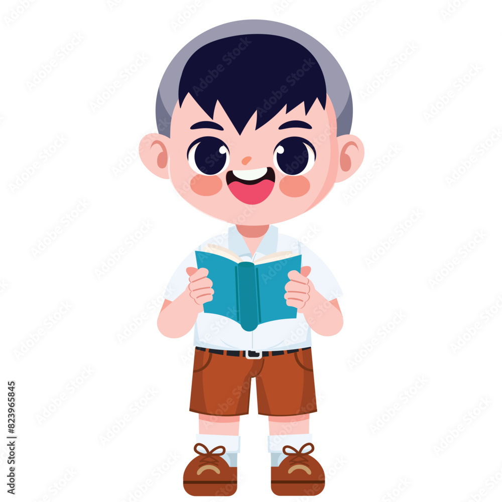 Cute Thai student boy in school uniform read a book