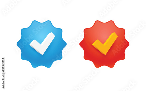 Blue and red ticks in 3D style. Vector illustration.