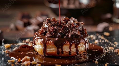 A close-up shot of a chocolate covered donut sitting on a wooden table, highlighting the rich chocolate drizzle and tempting layers