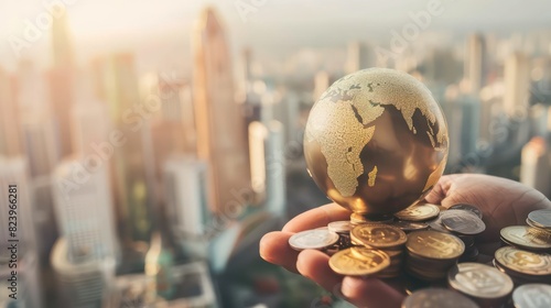 globe on top of coins and a map, global trade, world economics, international business exchange photo