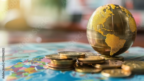 globe on top of coins and a map, global trade, world economics, international business exchange