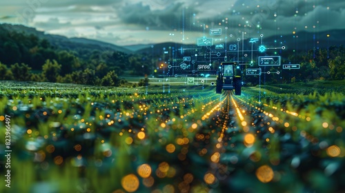 Smart farm concept utilizing digital technology in agriculture AI data analysis icons enhancing efficiency in futuristic agriculture digitized eco friendly and sustainable harvesting concept