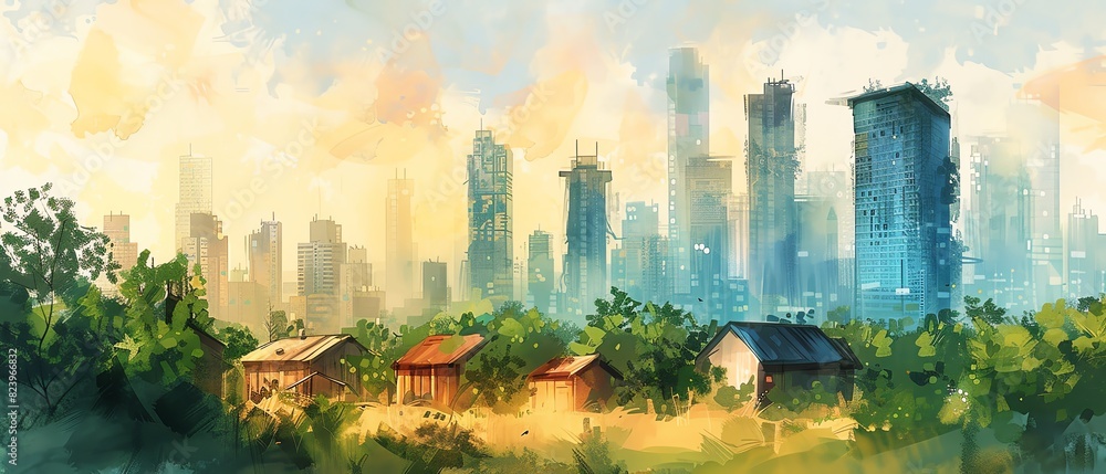 Obraz premium A vibrant watercolor painting depicting rustic village houses in contrast with modern city skyscrapers in the background under a bright sky.