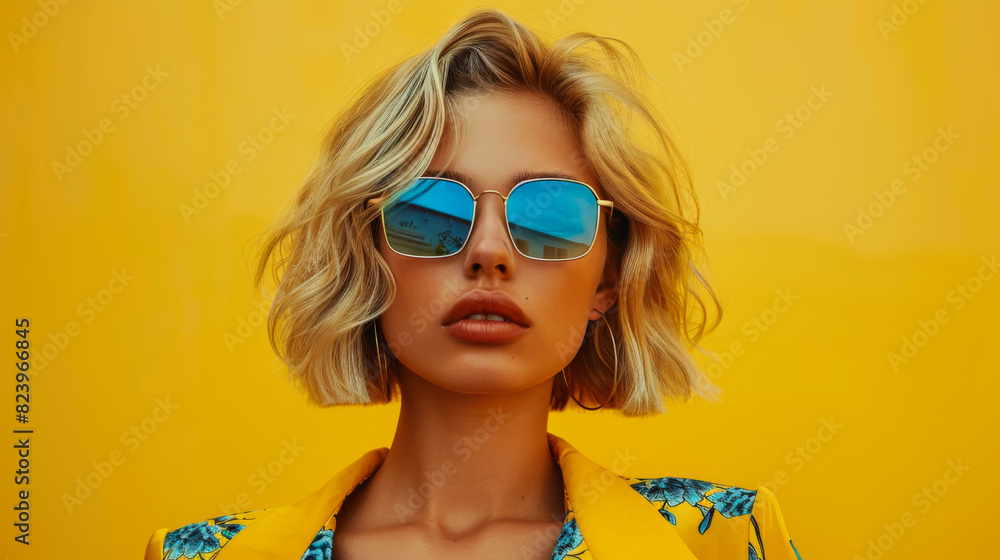 Portrait of a beautiful woman in glasses posing on a bright yellow background. Fashion model on a yellow background enjoying a sunny day. Fashion concept. Portrait of a beautiful woman in glasses posing on a bright yellow background. Fashion model on a yellow background enjoying a sunny day. Fashion concept.